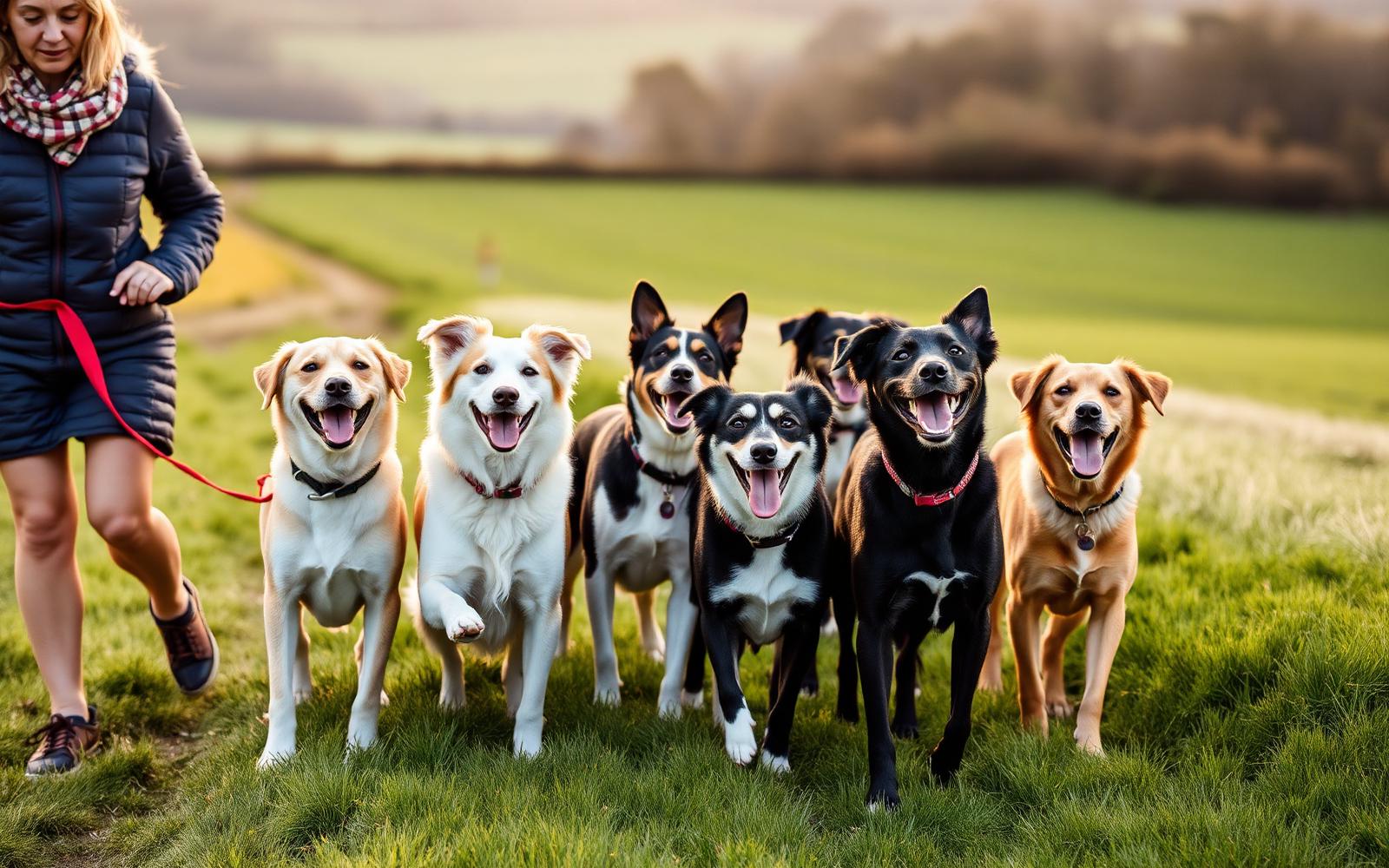 Group of happy dogs on a countryside walk